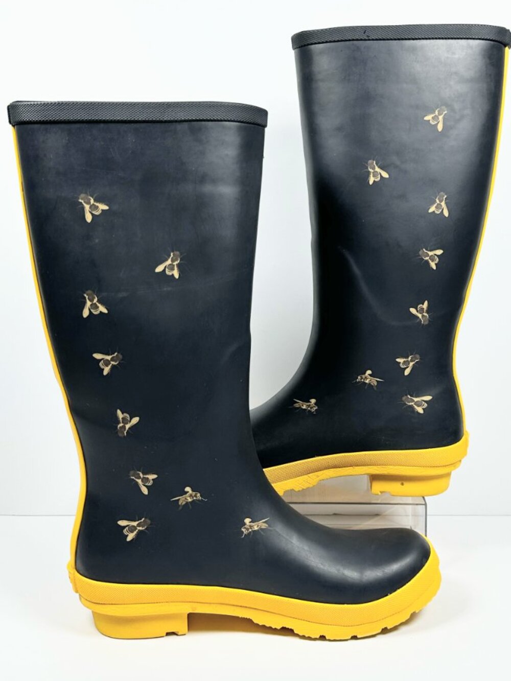 Serra Rain Boots Size US 8 Navy Blue Yellow Bee Print Wellies Rubber Waterproof - Picture 2 of 16